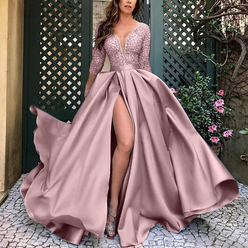 Kissnovaa - Solid V-Neck Long Sleeve Celebrity Party Maxi Dress