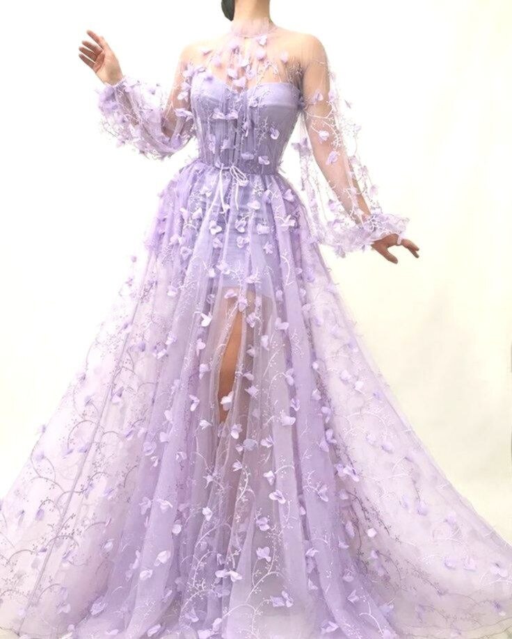 Kissnovaa - Autumn New Long Sleeve Purple Appliques Slim Prom Dress