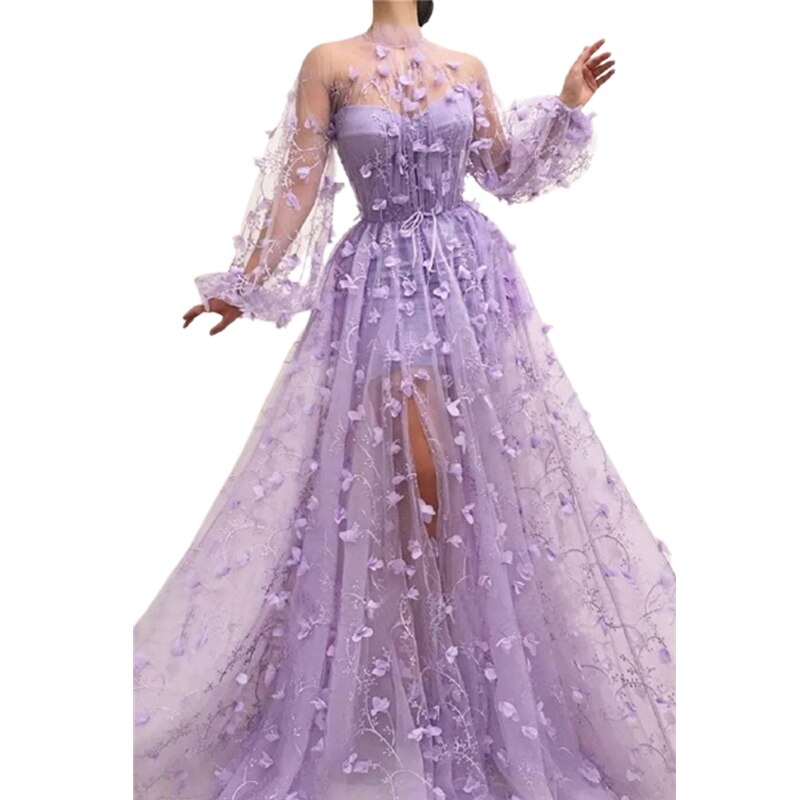 Kissnovaa - Autumn New Long Sleeve Purple Appliques Slim Prom Dress