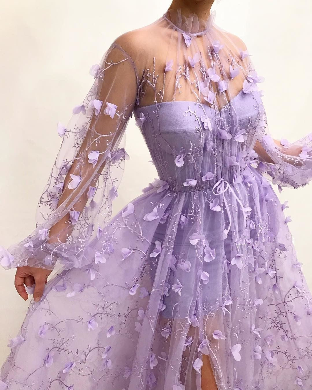 Kissnovaa - Autumn New Long Sleeve Purple Appliques Slim Prom Dress