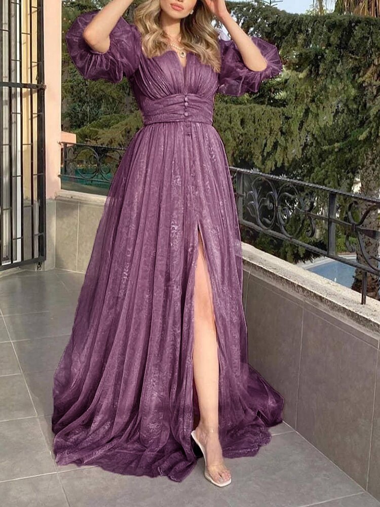 Kissnovaa - New Style Sexy Lace Purple Mesh Half Sleeved Prom Dresses