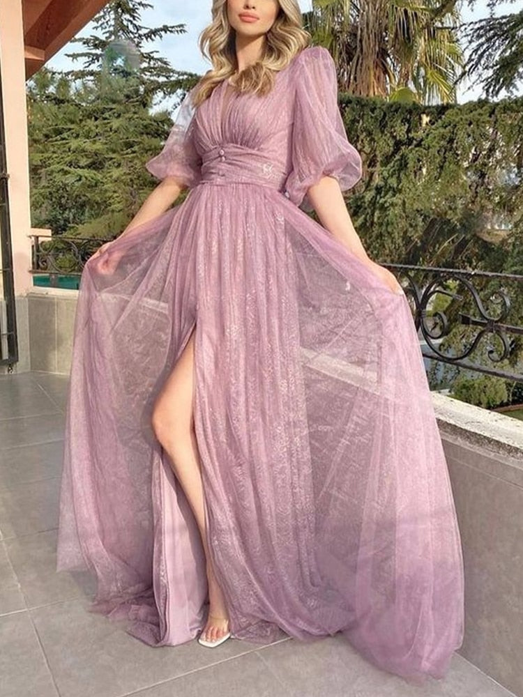 Kissnovaa - New Style Sexy Lace Purple Mesh Half Sleeved Prom Dresses
