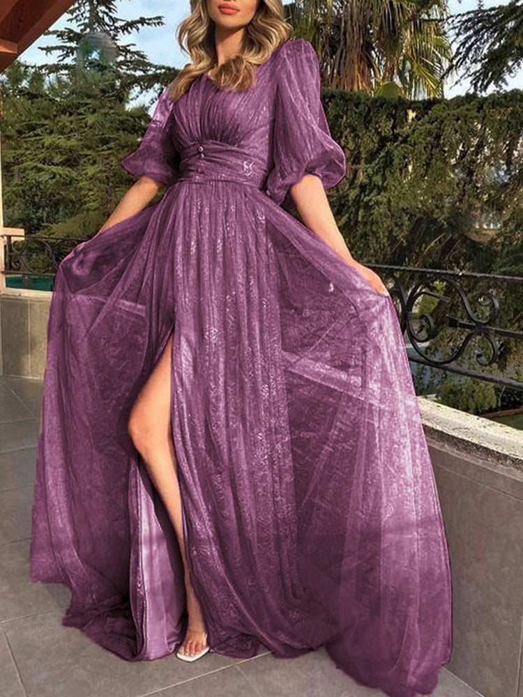 Kissnovaa - New Style Sexy Lace Purple Mesh Half Sleeved Prom Dresses