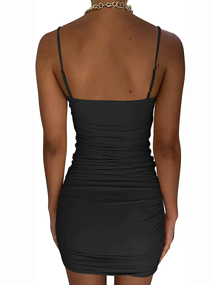 Summer New Cut Out Ruched Spaghetti Mini Club Midi Dresses