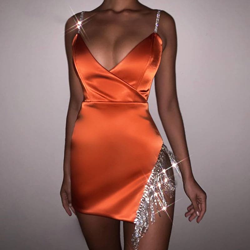 Satin 2022 Dress Women Glitter Diamond Club Party Mini Dresses