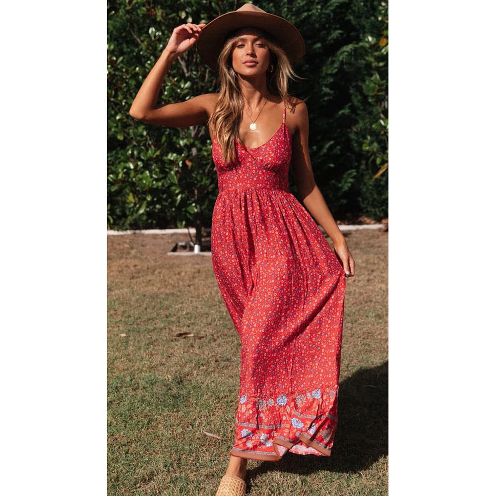 Summer Women V Neck Floral Print Bohemia Long Dress