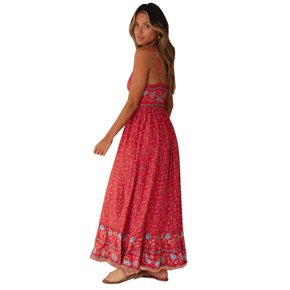 Summer Women V Neck Floral Print Bohemia Long Dress