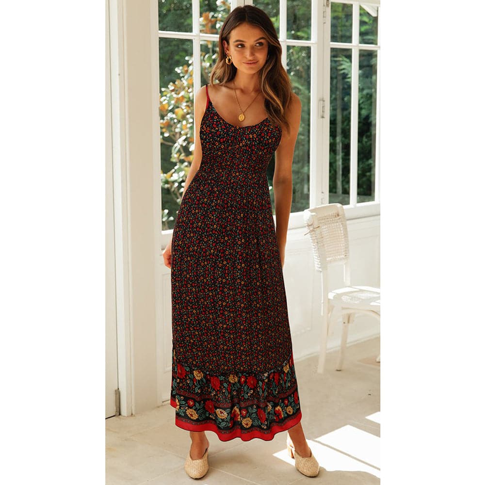 Summer Women V Neck Floral Print Bohemia Long Dress