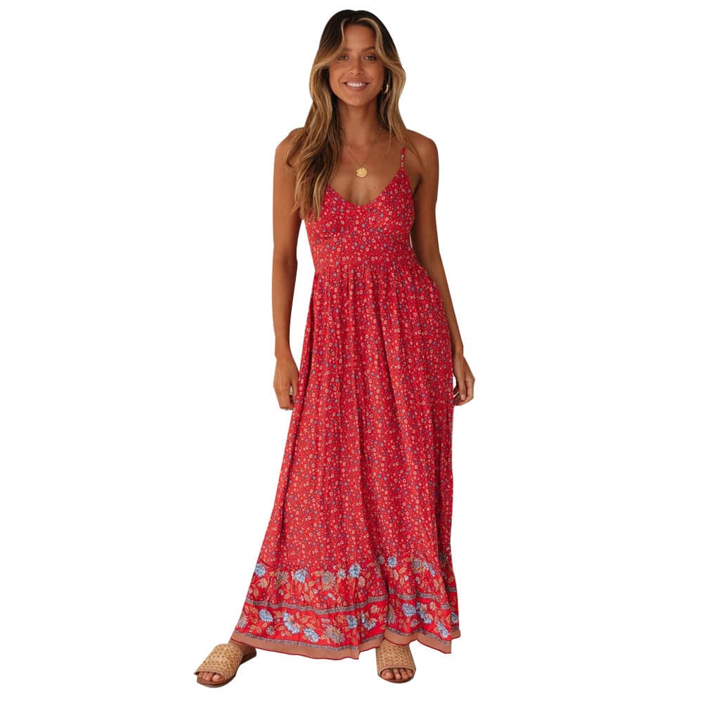 Summer Women V Neck Floral Print Bohemia Long Dress
