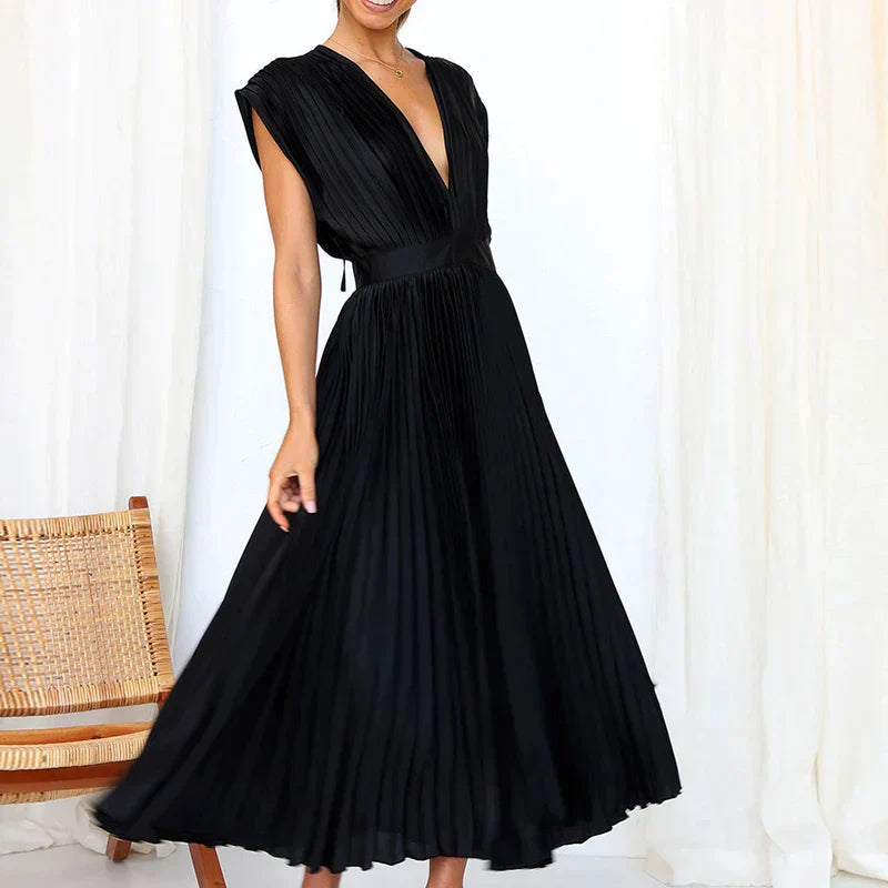 Montserrat Luxe V Neck Maxi Dress with Pleats Boutique Collection