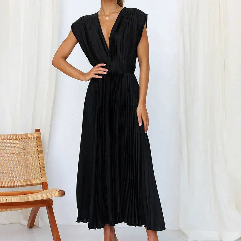 Montserrat Luxe V Neck Maxi Dress with Pleats Boutique Collection