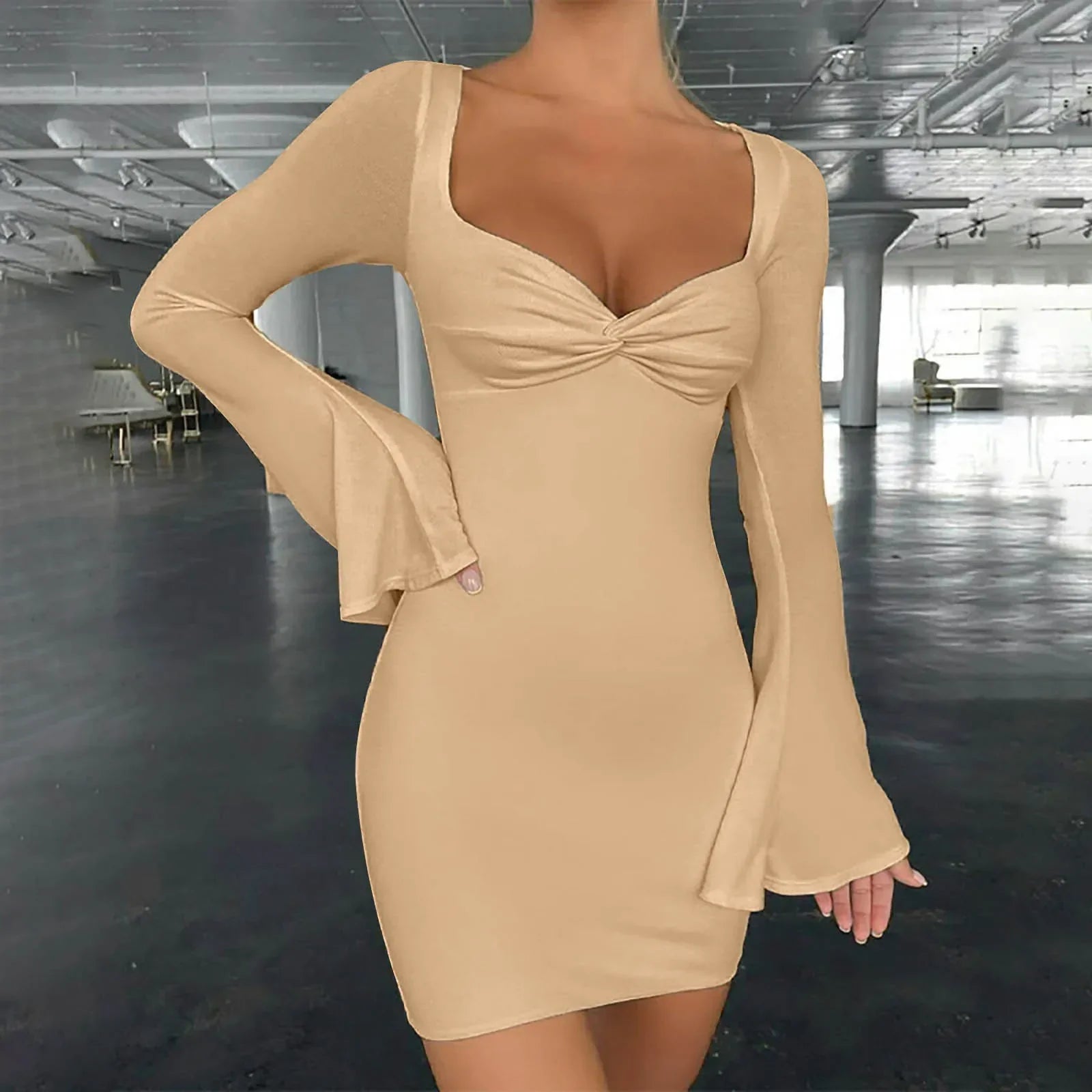 Party Stretchy Club Flare Long Sleeve Square Collar Midi Dress