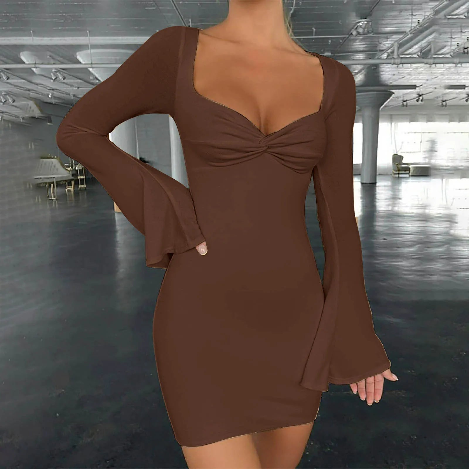 Party Stretchy Club Flare Long Sleeve Square Collar Midi Dress