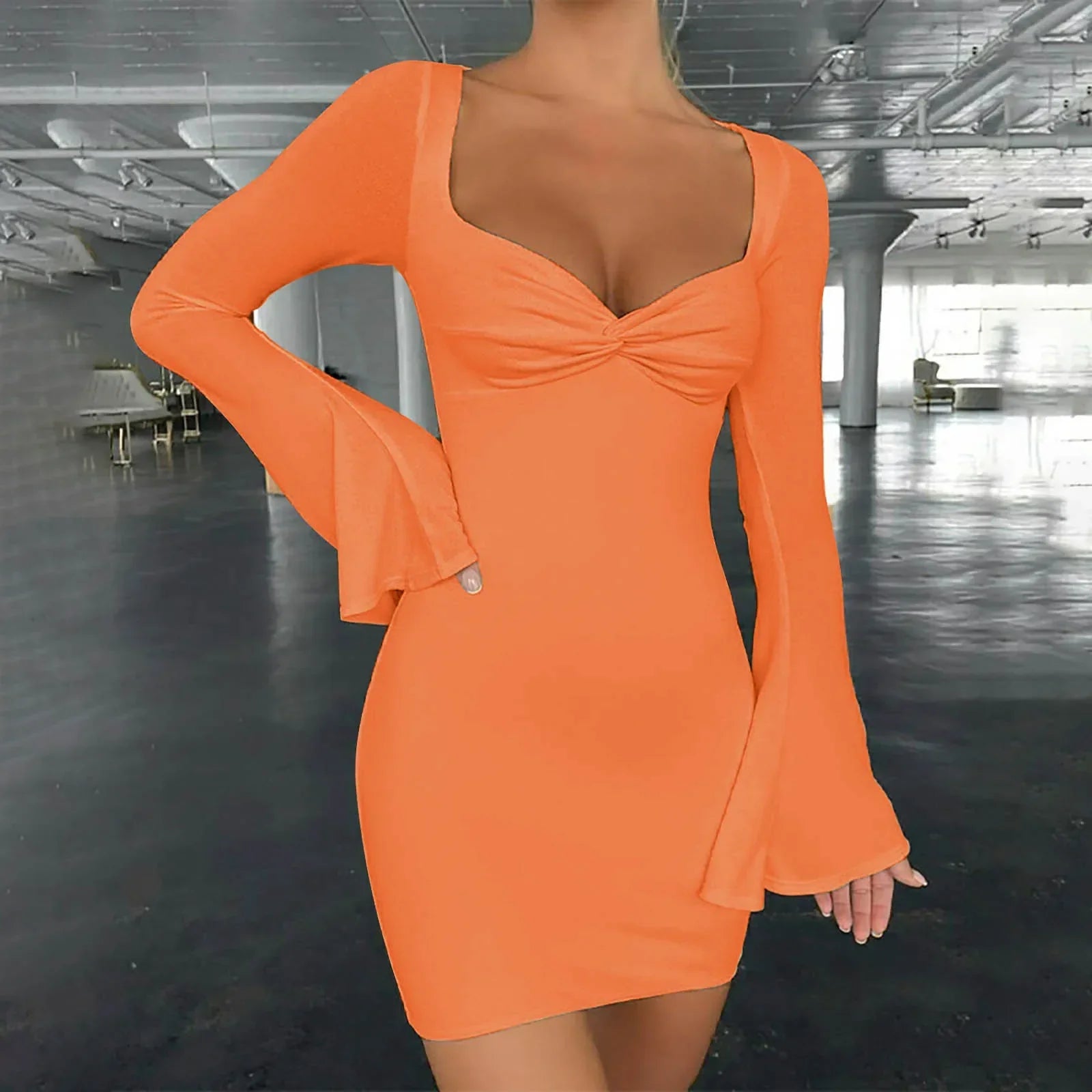 Party Stretchy Club Flare Long Sleeve Square Collar Midi Dress