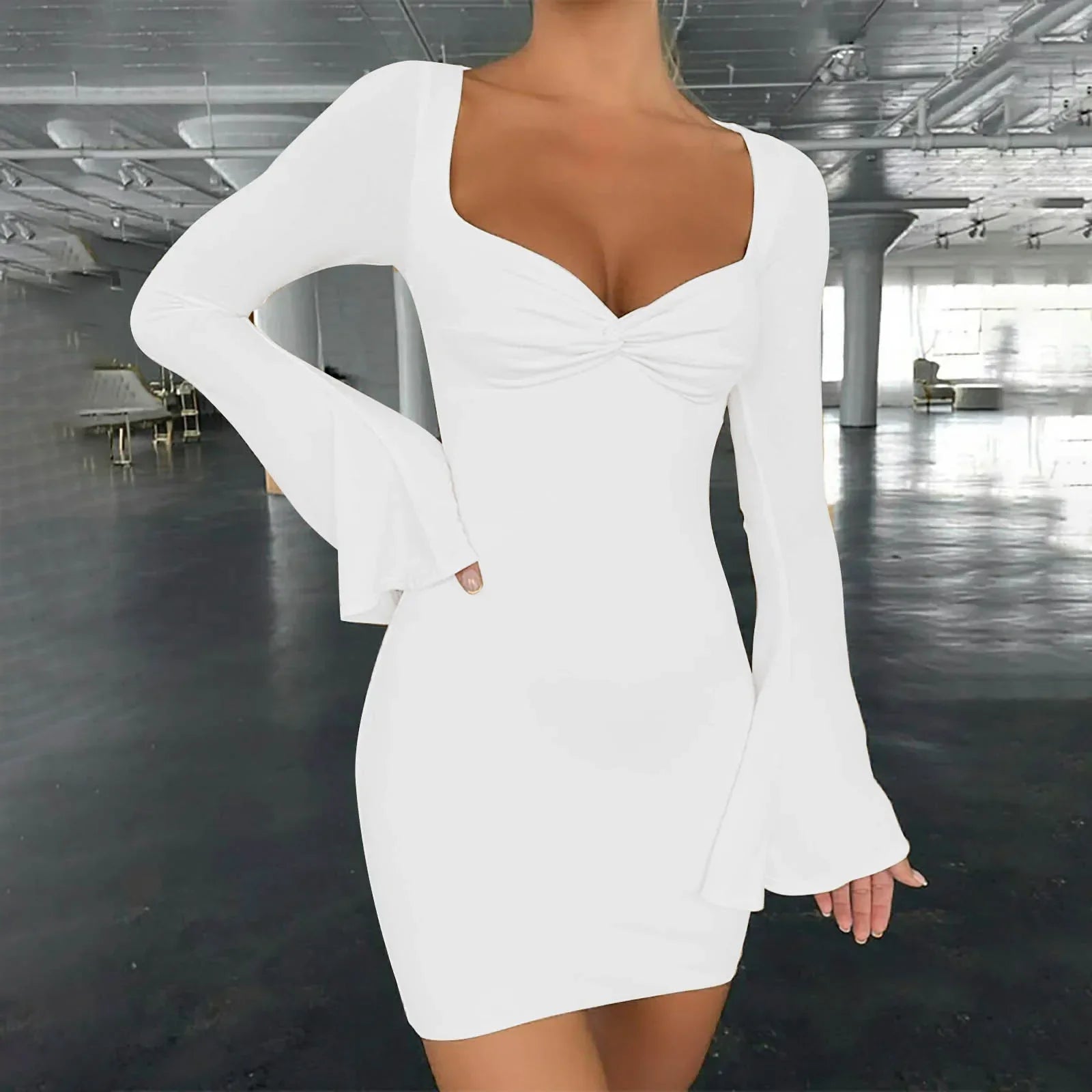 Party Stretchy Club Flare Long Sleeve Square Collar Midi Dress