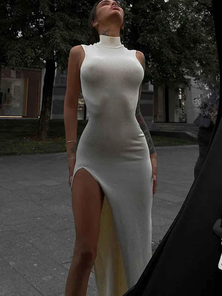 Summer Slit Graceful Holiday Sleeveless Club Tank Solid Clothes Midi Dresses