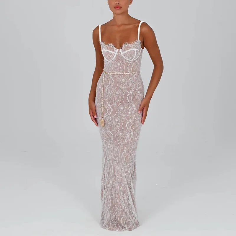 2024 New Spring Lace Stitching Backless Slit Refined Maxi Dress