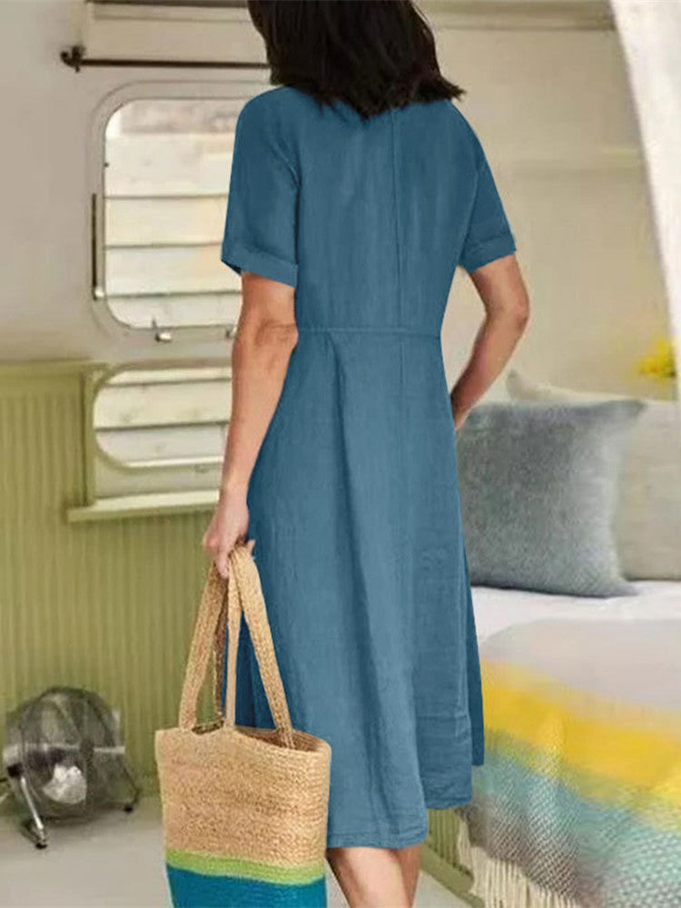 Neck V Linen Button Down Midi Dress with Pocket In Sky Blue