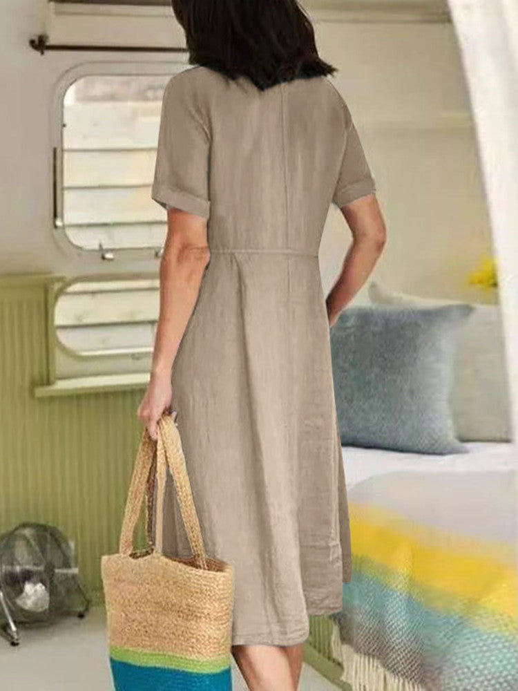 Neck V Linen Button Down Midi Dress with Pocket In Khaki
