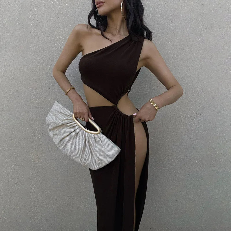 Hollow Oblique Commuter Oneshoulder Sophisticated Casual Midi Dresses