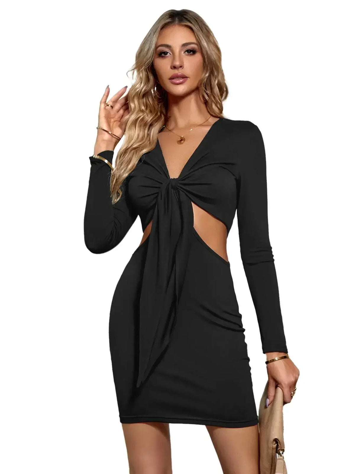 Waist Mid Split VNeck Elastic Outfits Solid Midi Dresses