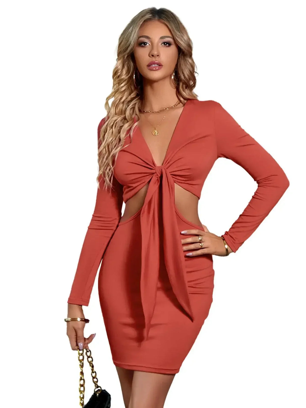 Waist Mid Split VNeck Elastic Outfits Solid Midi Dresses