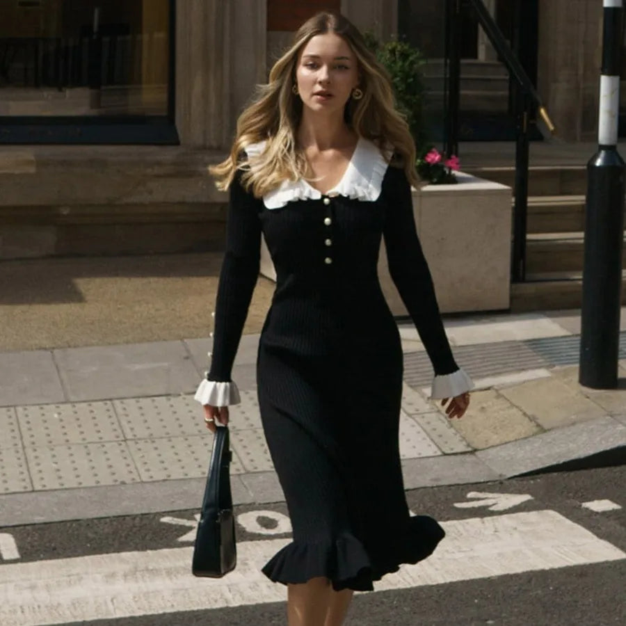 Ruffled Longsleeved Timeless Highwaisted French Creamy White Midi Dresses