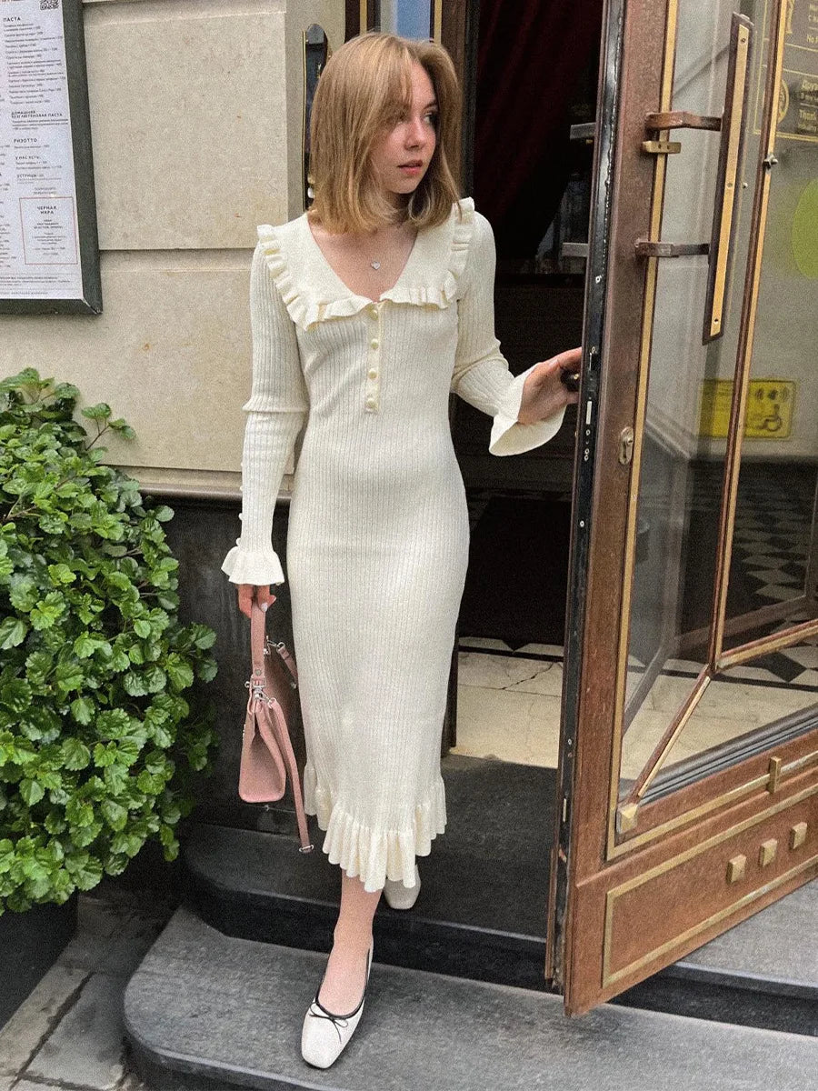 Ruffled Longsleeved Timeless Highwaisted French Creamy White Midi Dresses