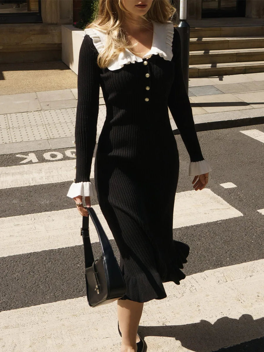 Ruffled Longsleeved Timeless Highwaisted French Creamy White Midi Dresses
