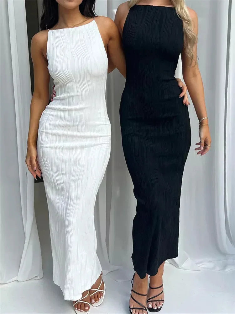 Ruched Long Sleeveless Solid Summer Back Split Clubwear Outfits Midi Dresses