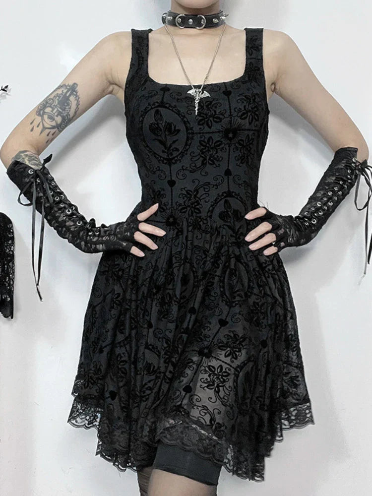 Summer New Harajuku Retro Wrapped Hip Mini Dress Y2K Classic Gothic Punk Dark Style Tie Up ALine Dress