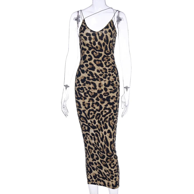Print Leopard Sleeveless Vneck Spring Christmas Outfits Midi Dresses