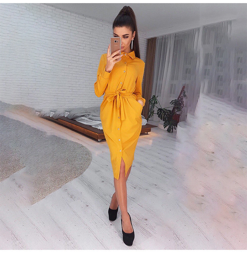 Satin Growth Button Down Shirt Dress Marigold