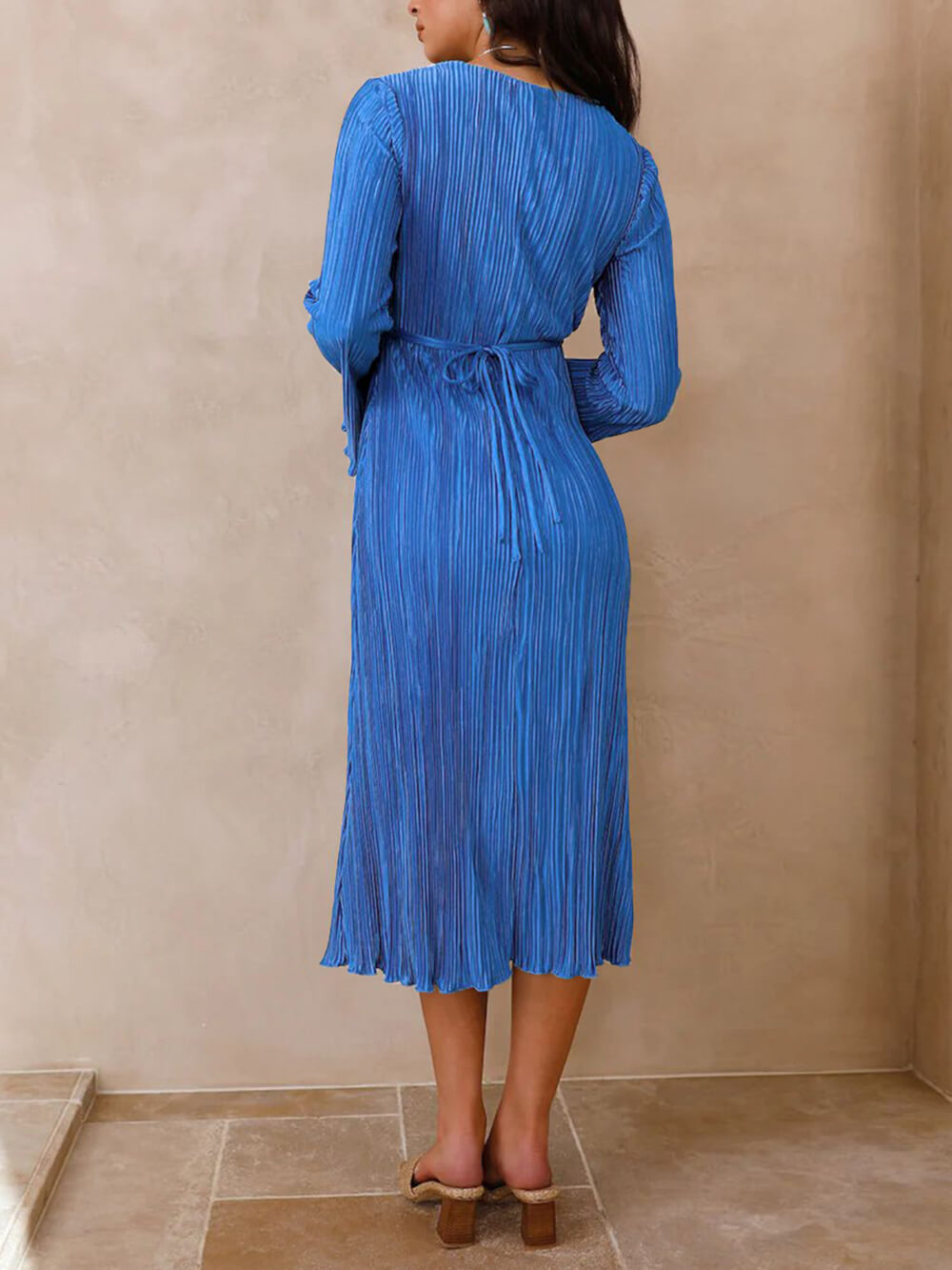Vistas Mountain Draped Pleated Bell Sleeve Midi Dress
