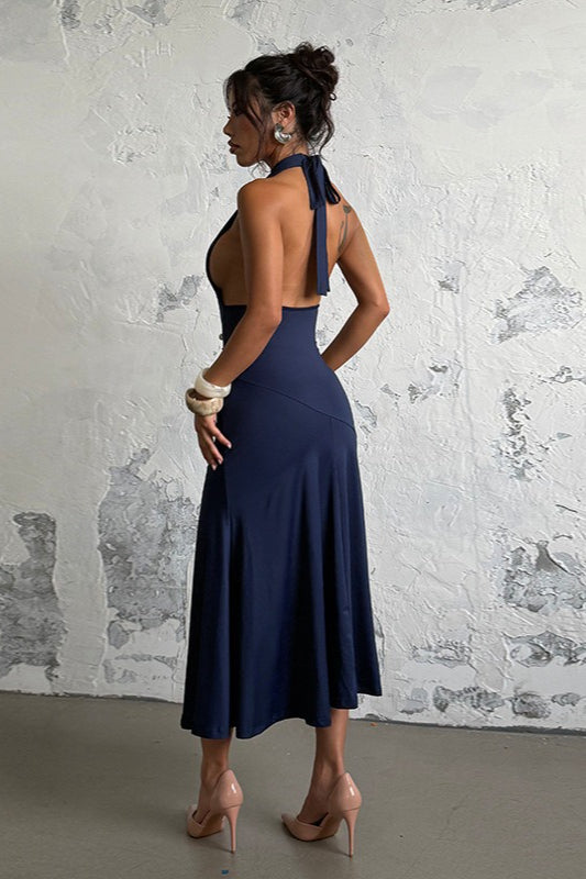 Deep Halter V Backless Midi Dress