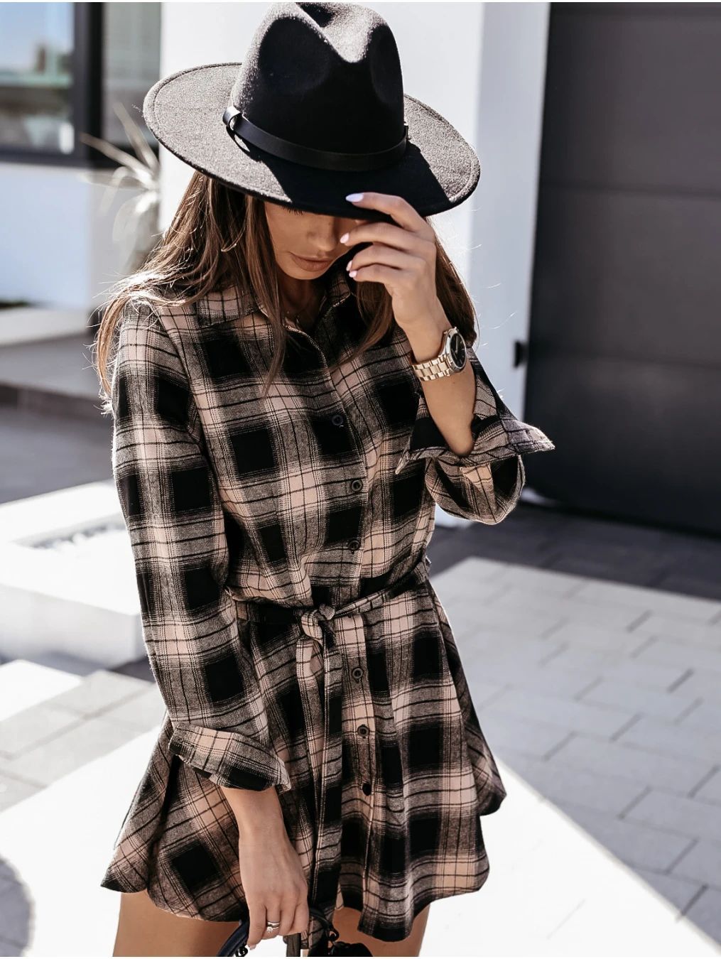 Cotton Leavenworth Pocketed Plaid Shirt Dress
