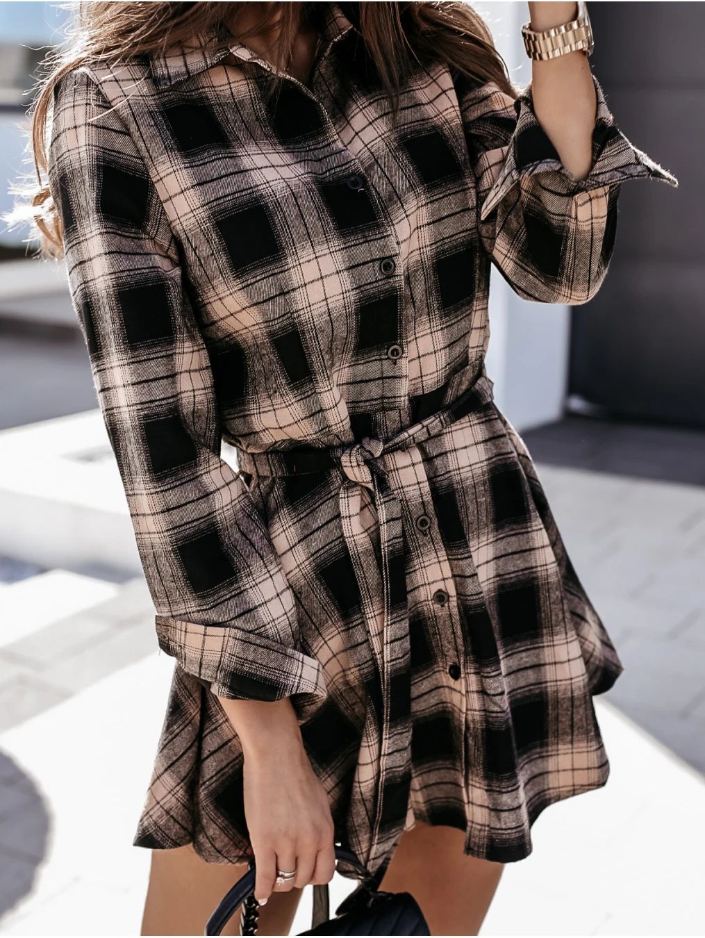 Cotton Granton Blend Plaid Button Down Shirt Dress