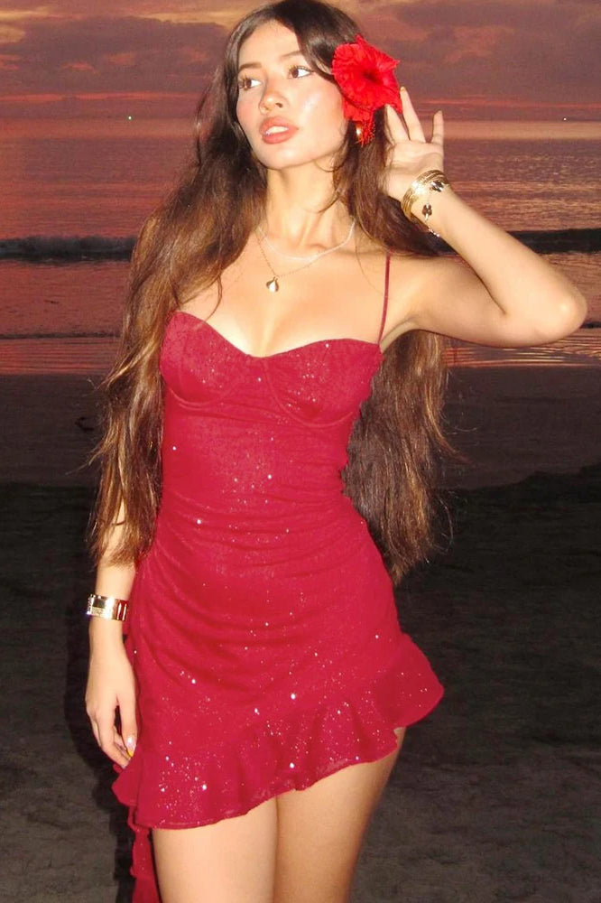 Spaghetti Ruffled Strap Mini Dress