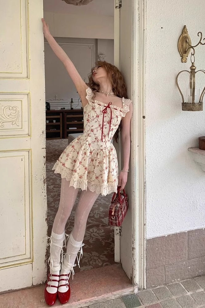 Flower Lace Up Corset Mini Dress