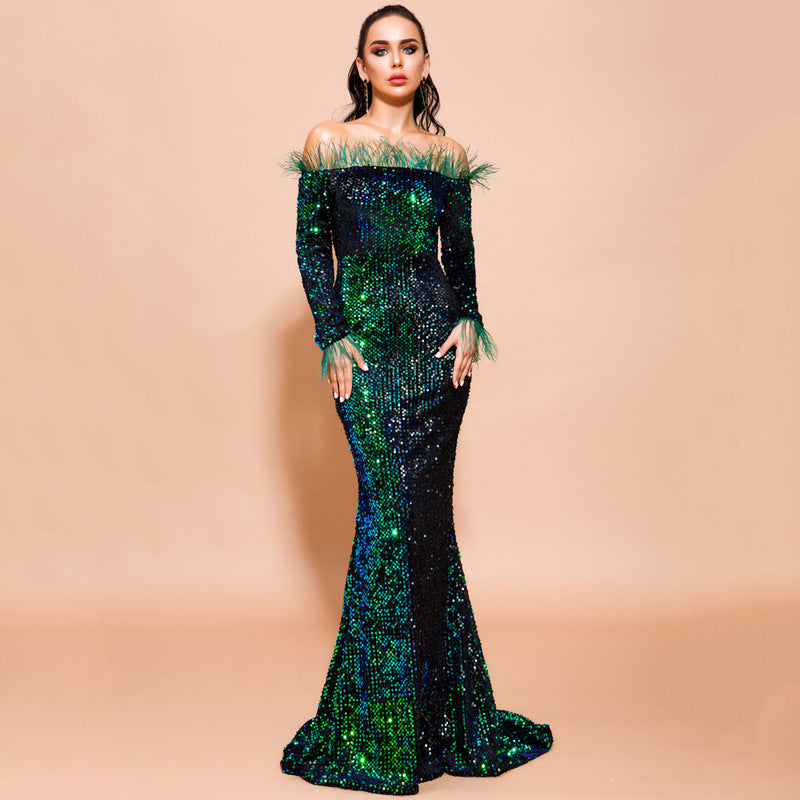 Sequined Evening Dress Women Attractive off Shoulder Feather Long Sleeve Party Maxi Dress
