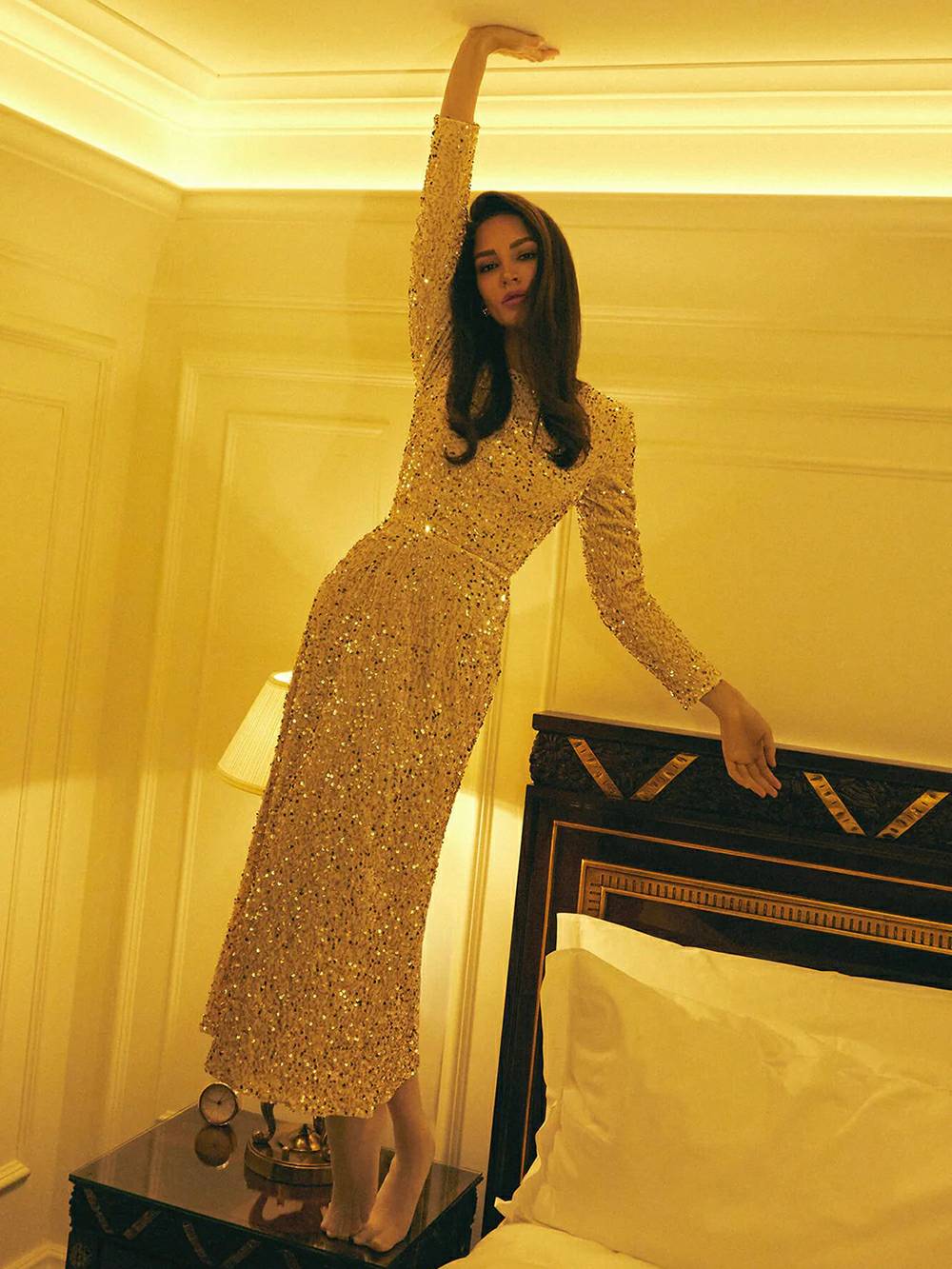 Decorated Sequin Velvet Midi Dress In Beige
