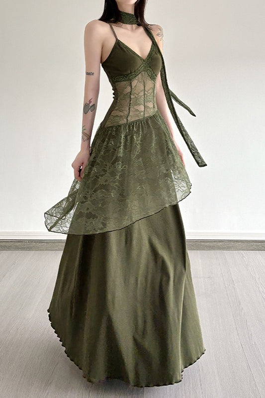 Lace Edition Trim Sheer Waist Tie Cami Maxi Lace Dress