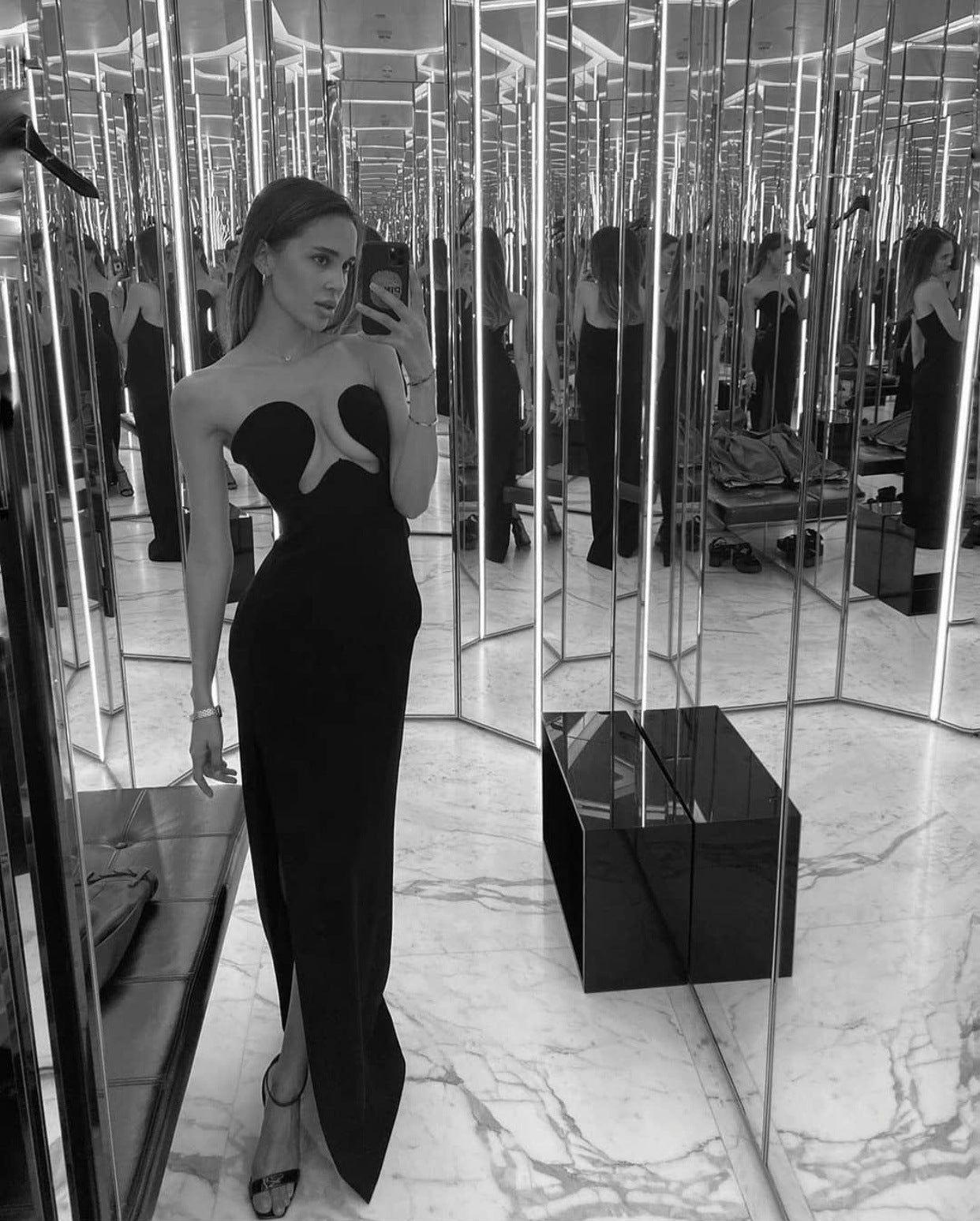 Top Tube V neck Long Slit Slimming Stretch Dress Black