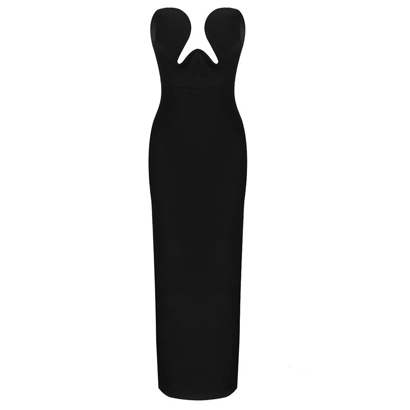 Top Tube V neck Long Slit Slimming Stretch Dress Black