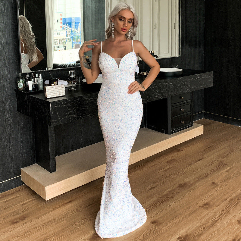 Evening Dress for Banquet Annual Meeting Host Party Strap Fishtail Sequ Dress Prom Stylish Gown