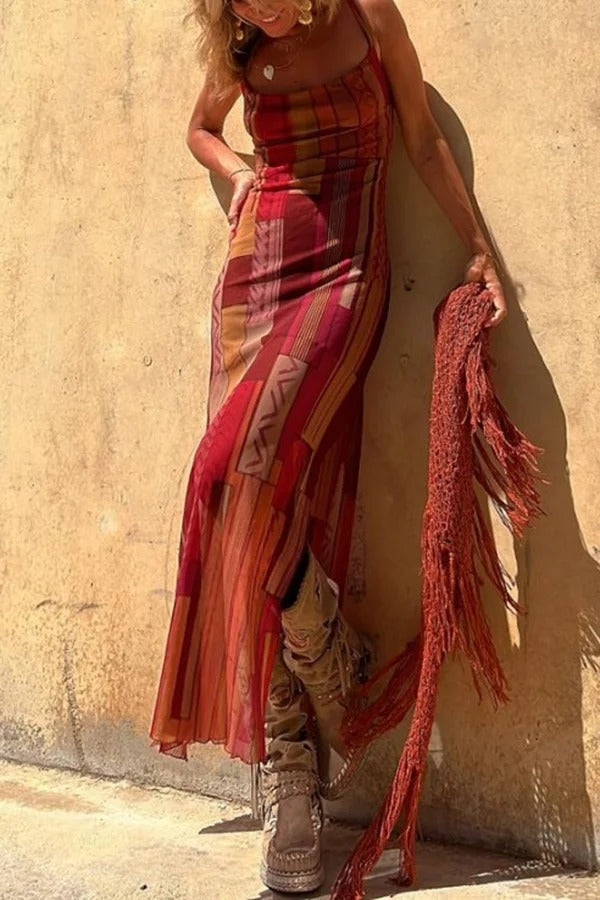 Exclusive Griselda Midi Dress with a Unique Gypsy Style Print, Cowl Neckline At the Back, Lace Up Fastening and Slit Evening Wear Edit