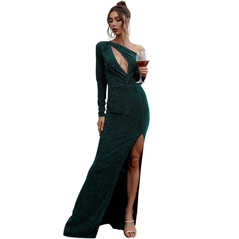 Solid Color Evening Maxi Dress Women Banquet Refined One Shoulder Irregular Asymmetric Long Slim Dress Maxi Prom Dress