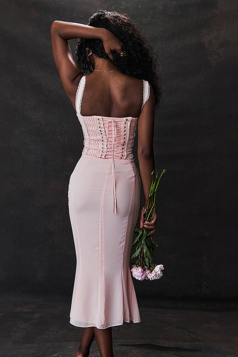 Spaghetti Pink Strap Backless Midi Dress