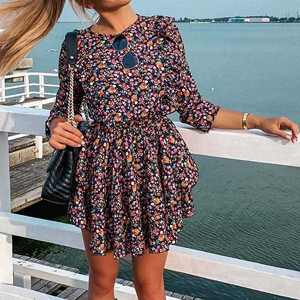 District Flower Pocketed Belted Velvet Dress