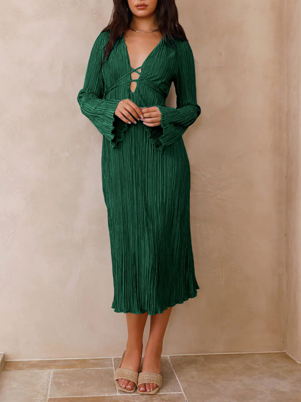Vistas Mountain Draped Pleated Bell Sleeve Midi Dress